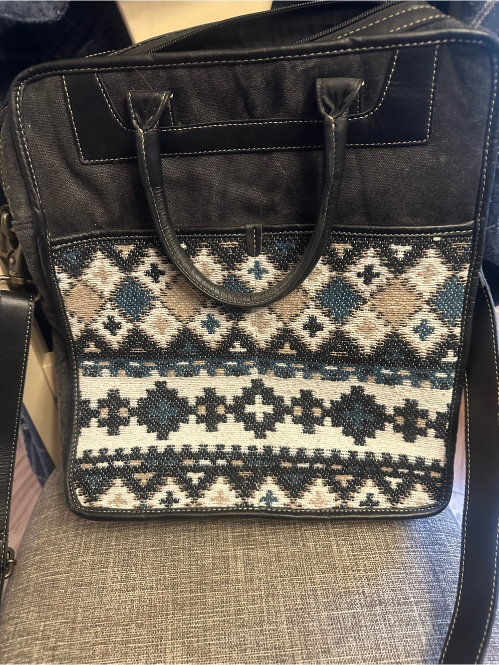 Myra Bag Black Laptop Tote with Blue and Cream Aztec Panel